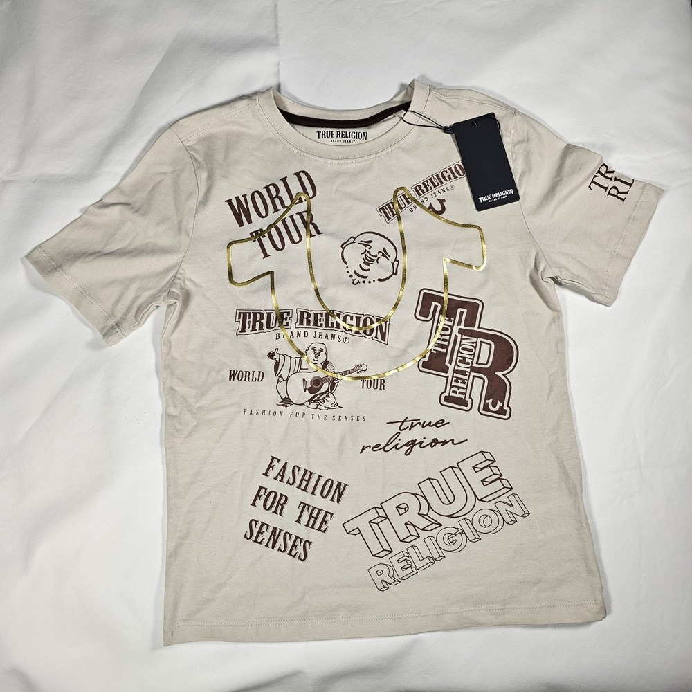 NWT True Religion Boys‎ Medium Graphic T Shirt Beige Gold Logo World Tour